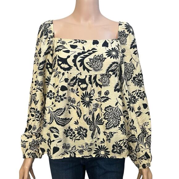 Mango Floral Peasant Top Size 8 Balloon Sleeve Babydoll Flowy Boho Cream Black - Picture 1 of 9